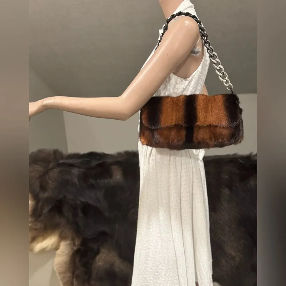 Brown Gradient Real Mink Fur Handmade Baguette Shoulder Bag, Multi Use Style